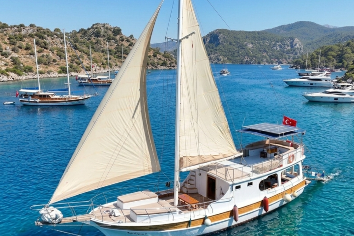 Gocek 12 Islands Sailing Boat view from top sails open